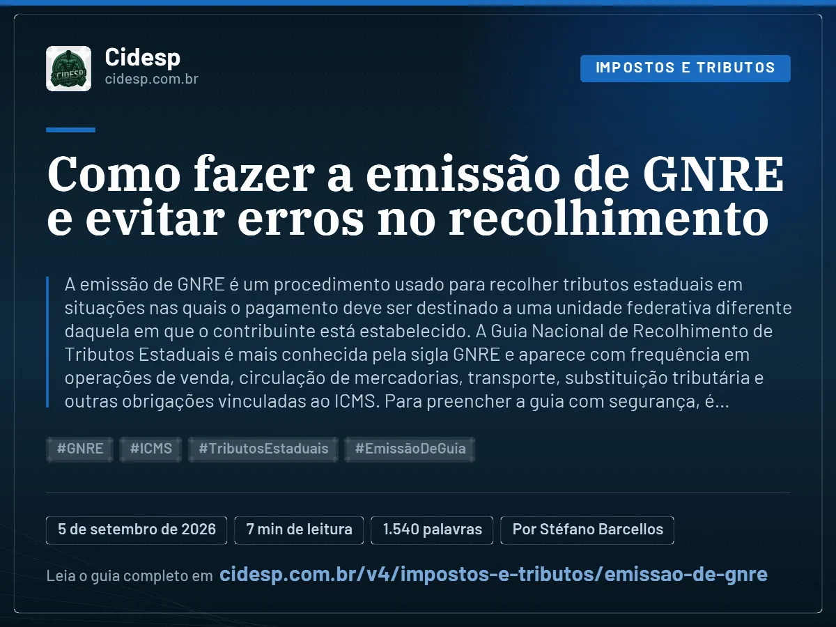 Cartão do artigo “Como fazer a emissão de GNRE e evitar erros no recolhimento”, com resumo, data de publicação e endereço da página.