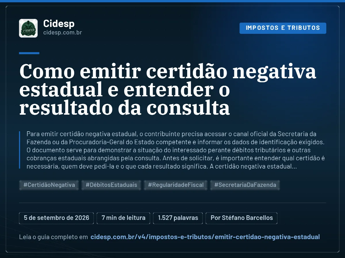 Cartão do artigo “Como emitir certidão negativa estadual e entender o resultado da consulta”, com resumo, data de publicação e endereço da página.