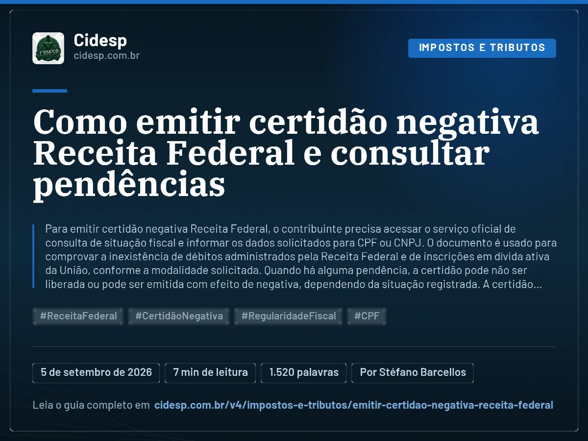 Cartão do artigo “Como emitir certidão negativa Receita Federal e consultar pendências”, com resumo, data de publicação e endereço da página.