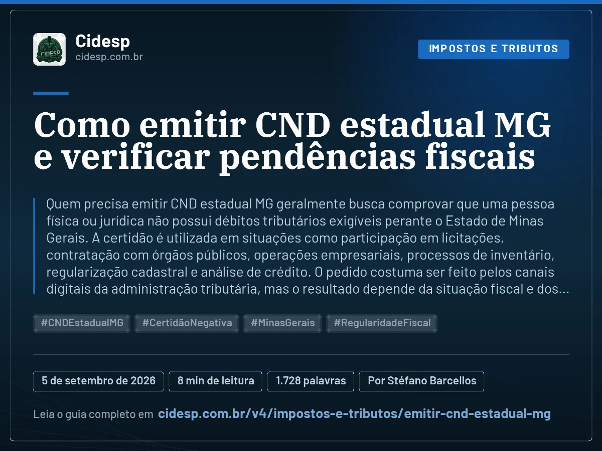 Cartão do artigo “Como emitir CND estadual MG e verificar pendências fiscais”, com resumo, data de publicação e endereço da página.