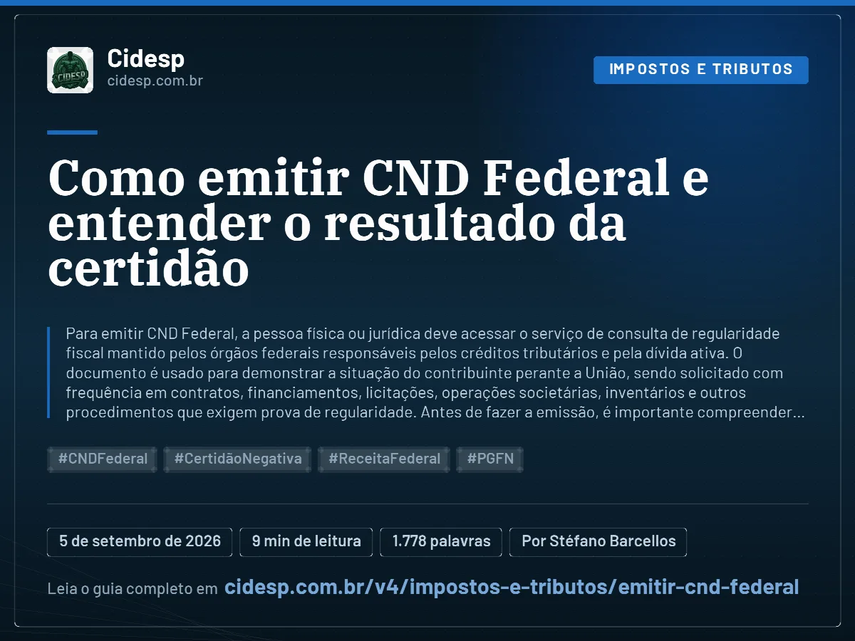 Cartão do artigo “Como emitir CND Federal e entender o resultado da certidão”, com resumo, data de publicação e endereço da página.