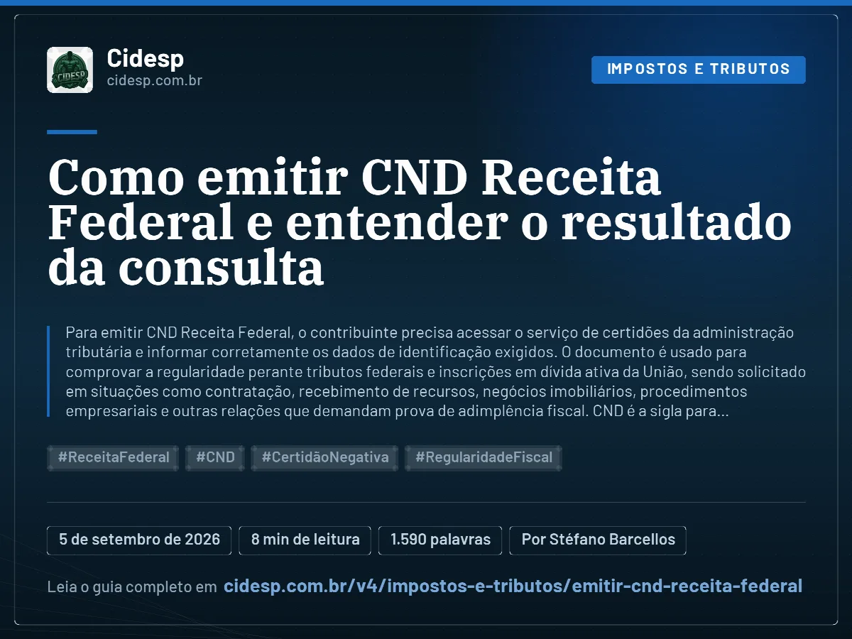 Cartão do artigo “Como emitir CND Receita Federal e entender o resultado da consulta”, com resumo, data de publicação e endereço da página.