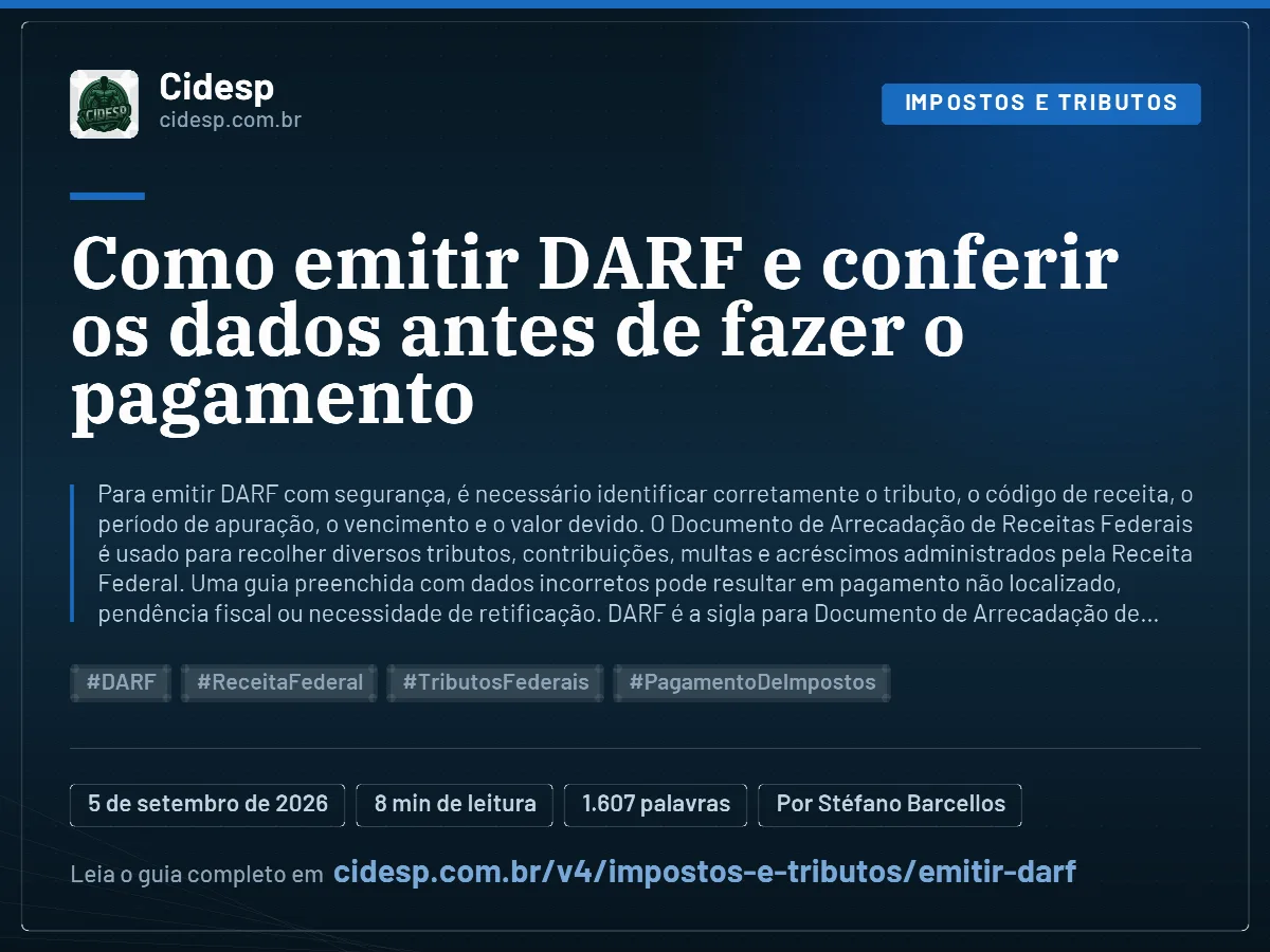Cartão do artigo “Como emitir DARF e conferir os dados antes de fazer o pagamento”, com resumo, data de publicação e endereço da página.