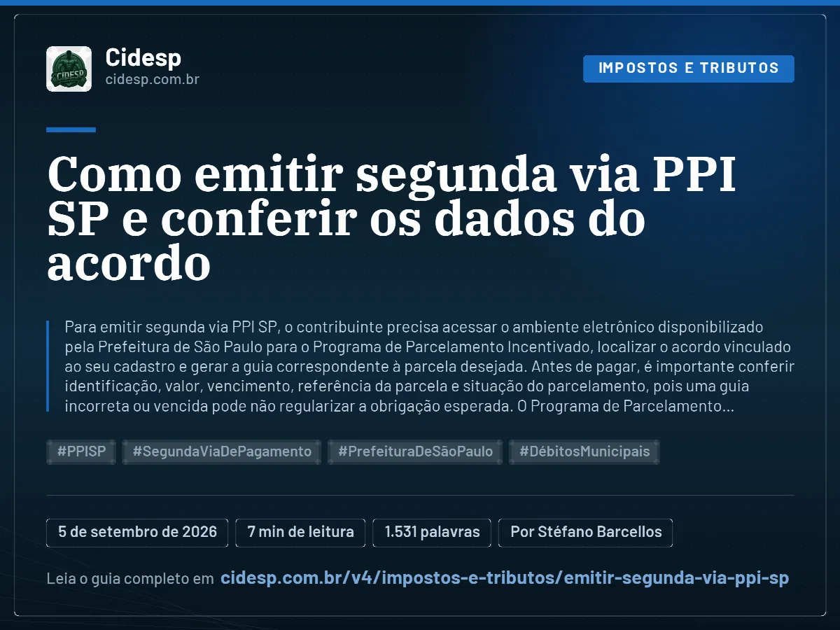 Cartão do artigo “Como emitir segunda via PPI SP e conferir os dados do acordo”, com resumo, data de publicação e endereço da página.