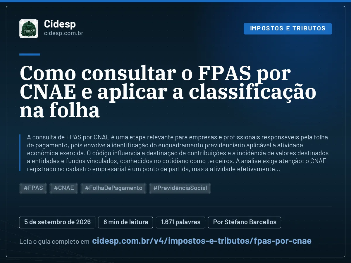 Cartão do artigo “Como consultar o FPAS por CNAE e aplicar a classificação na folha”, com resumo, data de publicação e endereço da página.