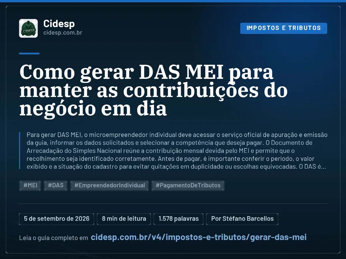 Cartão do artigo “Como gerar DAS MEI para manter as contribuições do negócio em dia”, com resumo, data de publicação e endereço da página.