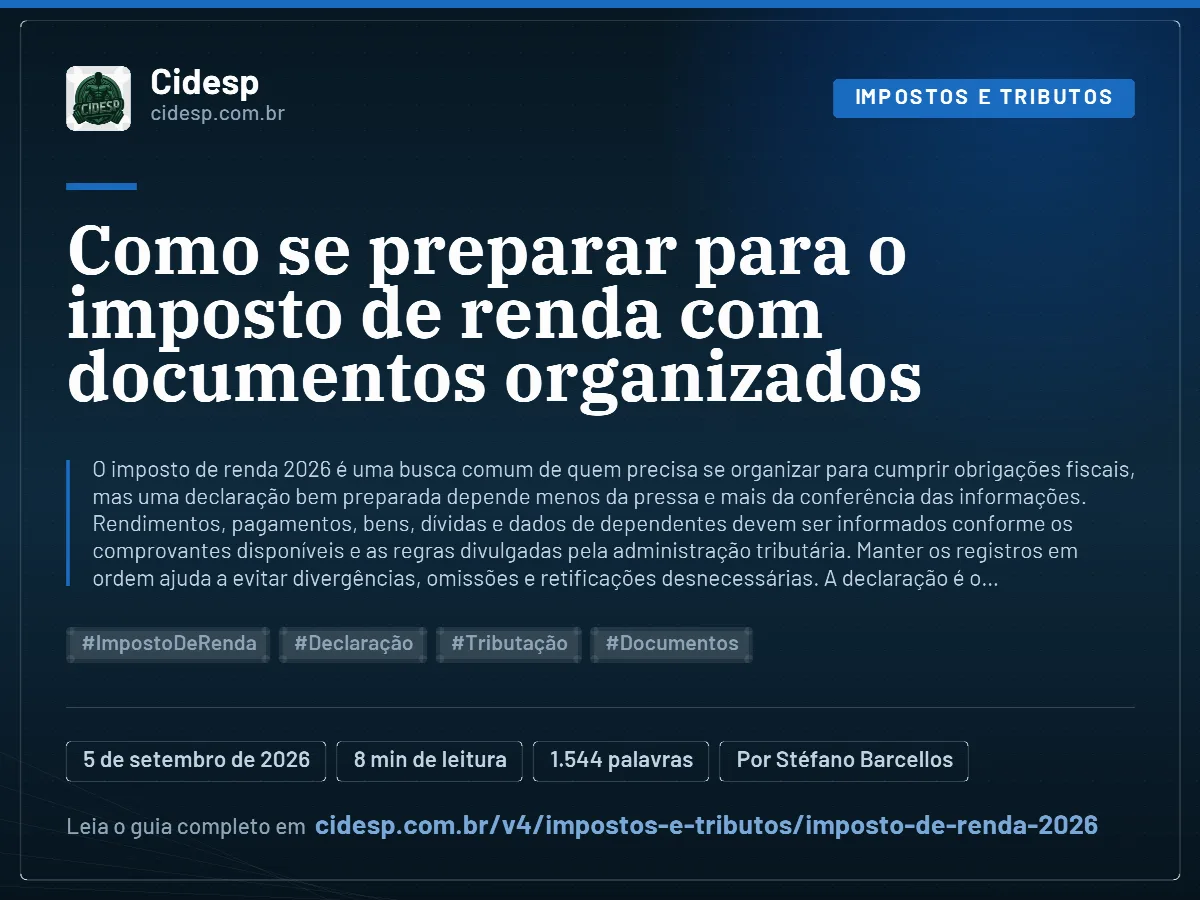 Cartão do artigo “Como se preparar para o imposto de renda com documentos organizados”, com resumo, data de publicação e endereço da página.
