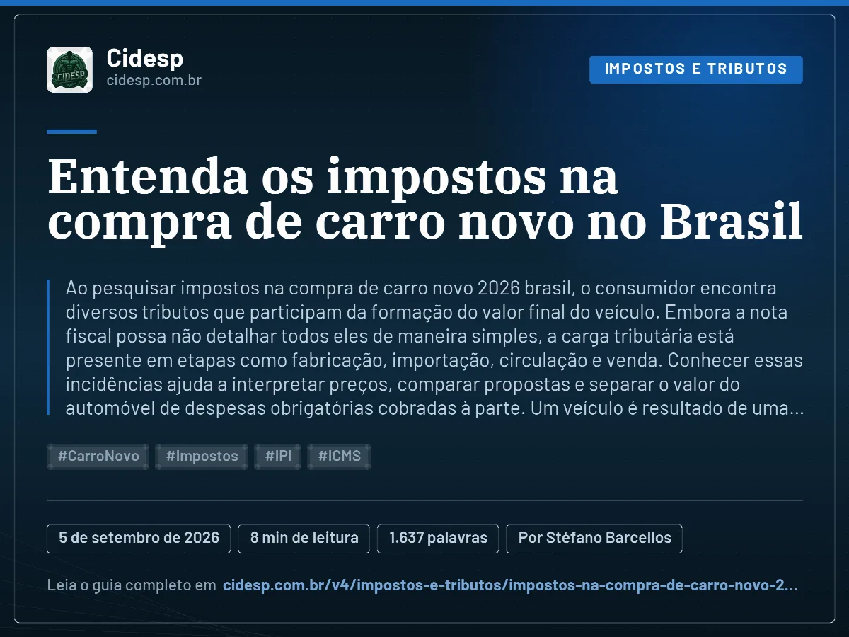 Cartão do artigo “Entenda os impostos na compra de carro novo no Brasil”, com resumo, data de publicação e endereço da página.