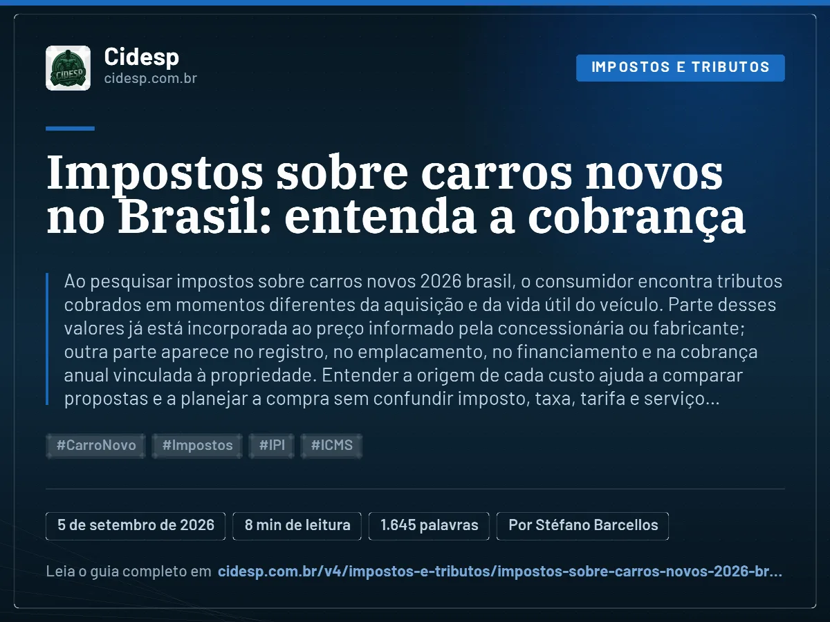 Cartão do artigo “Impostos sobre carros novos no Brasil: entenda a cobrança”, com resumo, data de publicação e endereço da página.