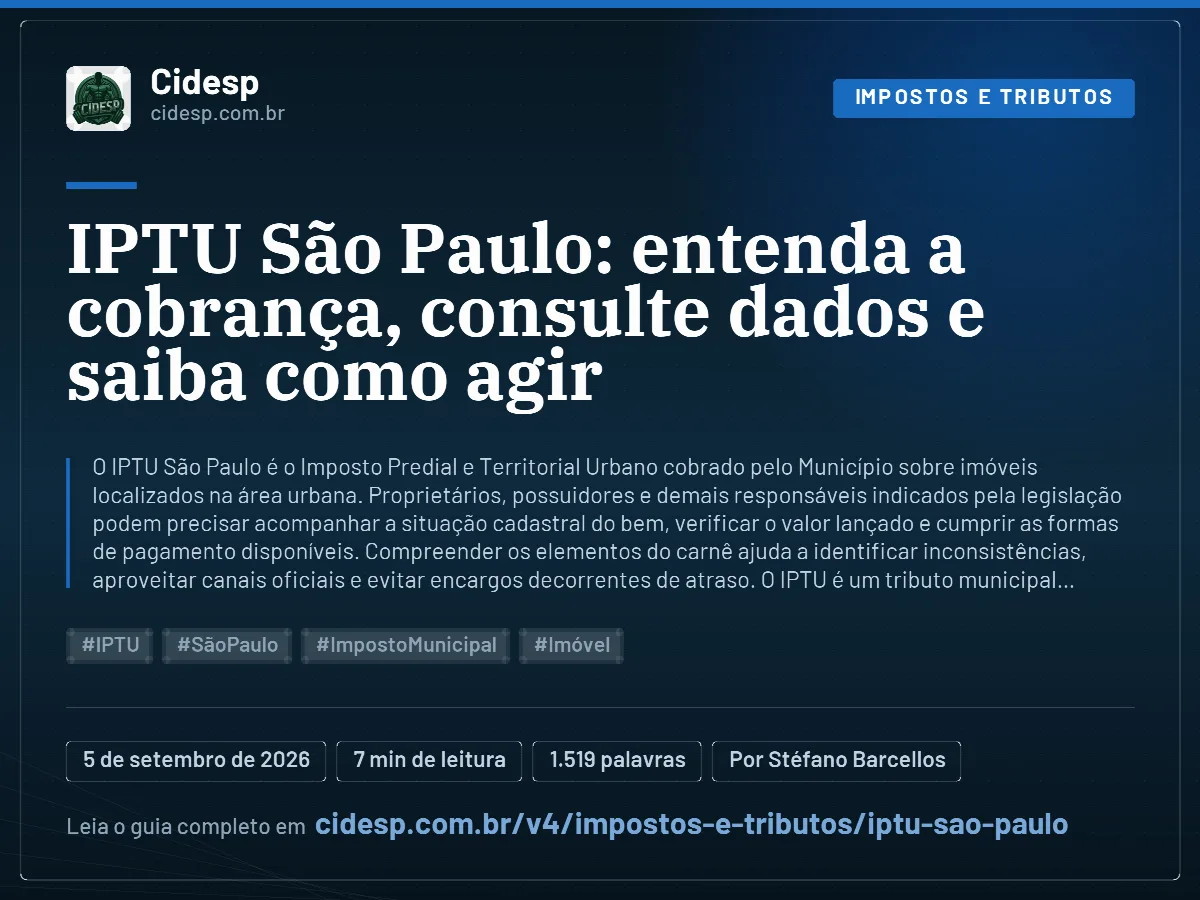Cartão do artigo “IPTU São Paulo: entenda a cobrança, consulte dados e saiba como agir”, com resumo, data de publicação e endereço da página.