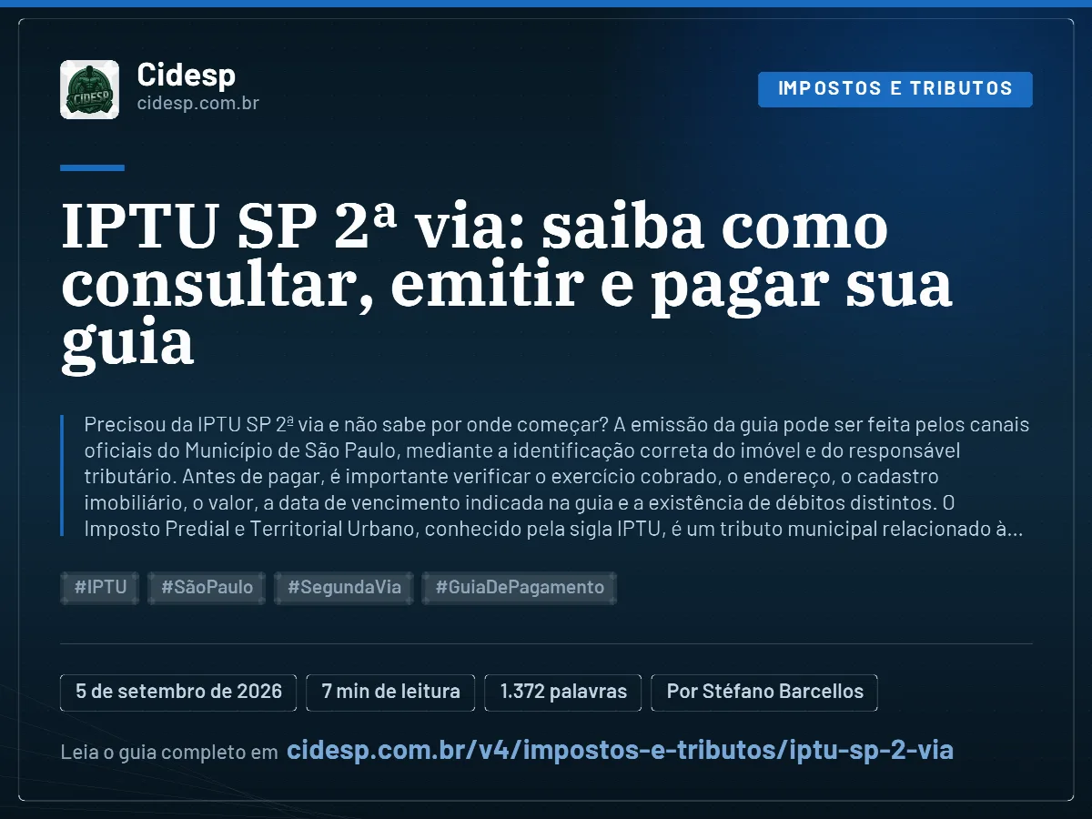 Cartão do artigo “IPTU SP 2ª via: saiba como consultar, emitir e pagar sua guia”, com resumo, data de publicação e endereço da página.