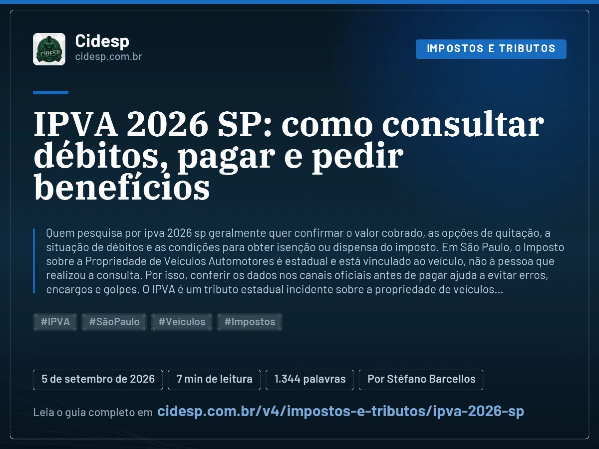 Cartão do artigo “IPVA 2026 SP: como consultar débitos, pagar e pedir benefícios”, com resumo, data de publicação e endereço da página.