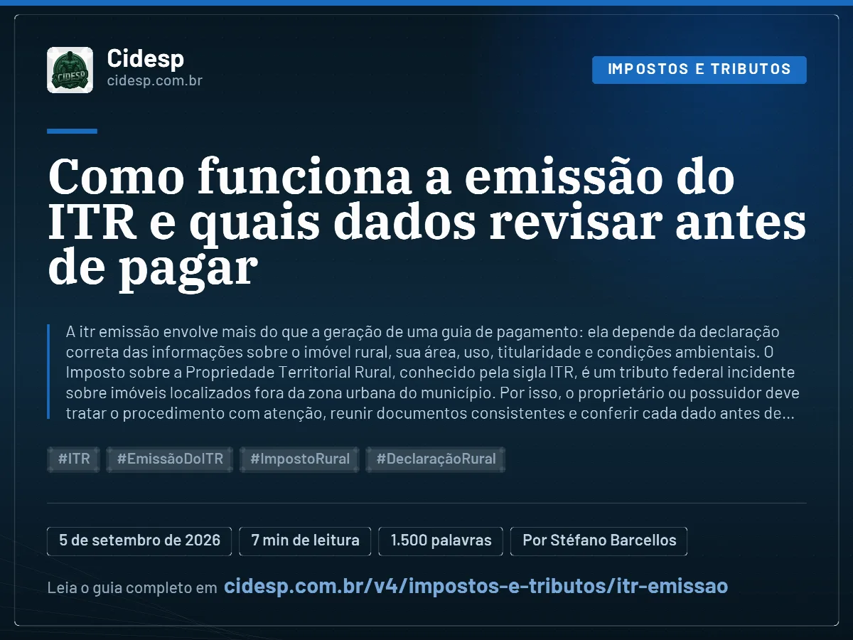 Cartão do artigo “Como funciona a emissão do ITR e quais dados revisar antes de pagar”, com resumo, data de publicação e endereço da página.