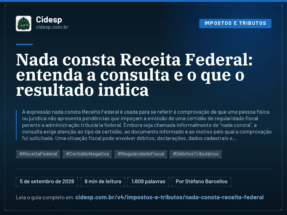 Cartão do artigo “Nada consta Receita Federal: entenda a consulta e o que o resultado indica”, com resumo, data de publicação e endereço da página.