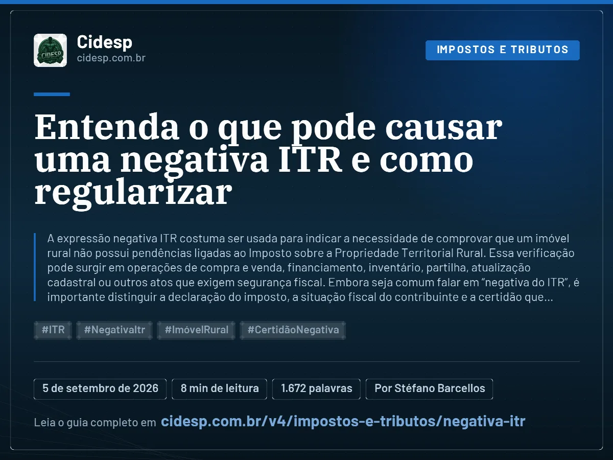 Cartão do artigo “Entenda o que pode causar uma negativa ITR e como regularizar”, com resumo, data de publicação e endereço da página.