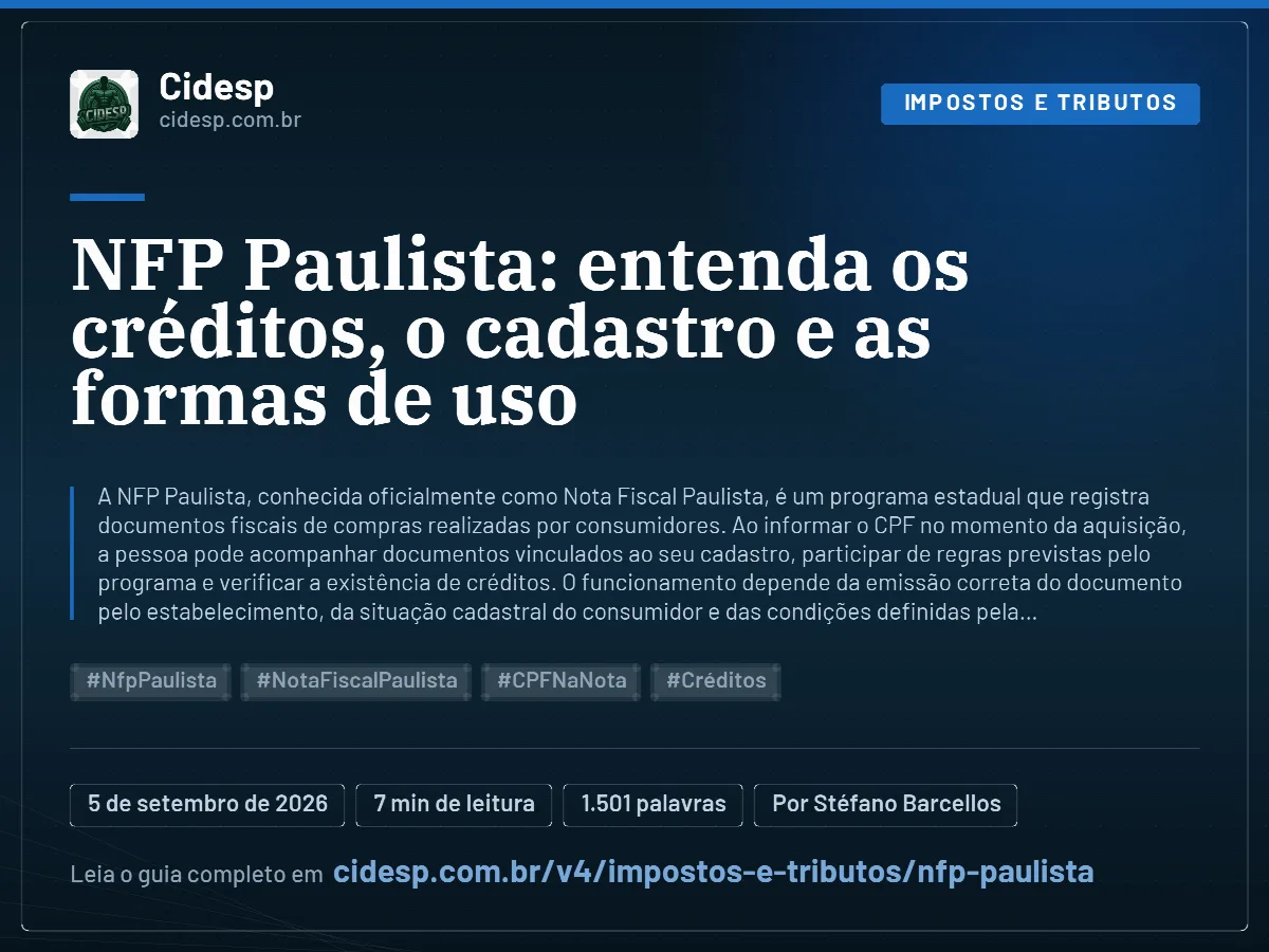Cartão do artigo “NFP Paulista: entenda os créditos, o cadastro e as formas de uso”, com resumo, data de publicação e endereço da página.