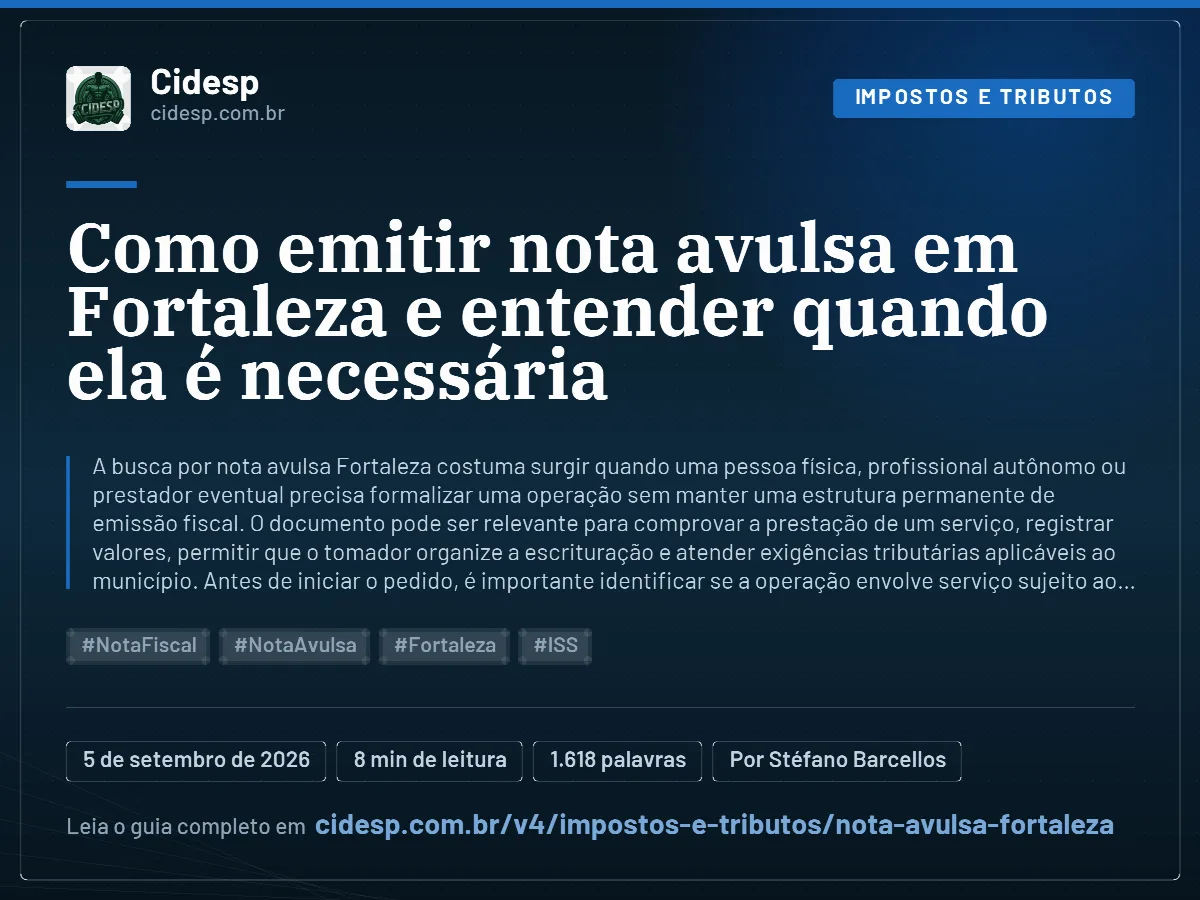 Cartão do artigo “Como emitir nota avulsa em Fortaleza e entender quando ela é necessária”, com resumo, data de publicação e endereço da página.