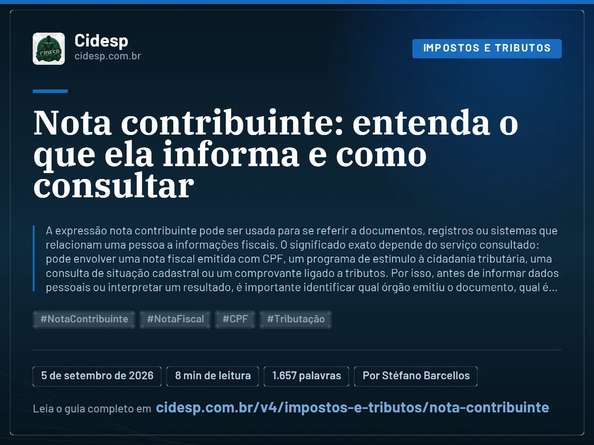 Cartão do artigo “Nota contribuinte: entenda o que ela informa e como consultar”, com resumo, data de publicação e endereço da página.