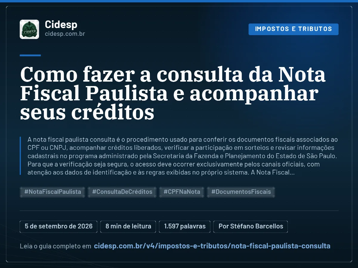 Cartão do artigo “Como fazer a consulta da Nota Fiscal Paulista e acompanhar seus créditos”, com resumo, data de publicação e endereço da página.