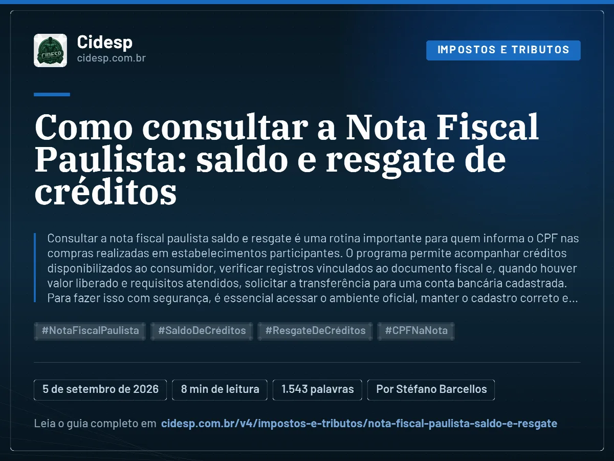 Cartão do artigo “Como consultar a Nota Fiscal Paulista: saldo e resgate de créditos”, com resumo, data de publicação e endereço da página.