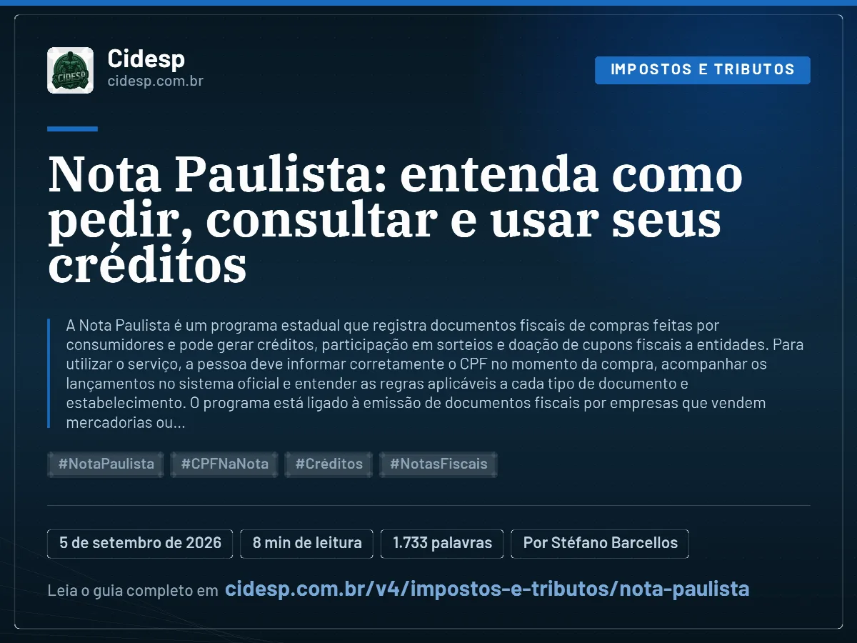 Cartão do artigo “Nota Paulista: entenda como pedir, consultar e usar seus créditos”, com resumo, data de publicação e endereço da página.