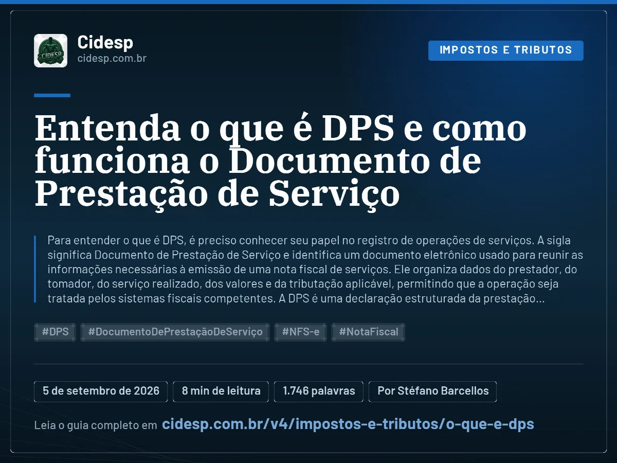 Cartão do artigo “Entenda o que é DPS e como funciona o Documento de Prestação de Serviço”, com resumo, data de publicação e endereço da página.