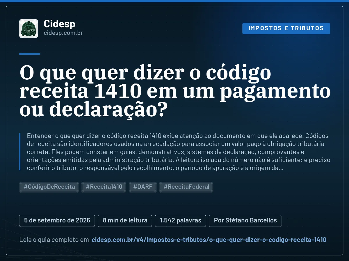 Cartão do artigo “O que quer dizer o código receita 1410 em um pagamento ou declaração?”, com resumo, data de publicação e endereço da página.