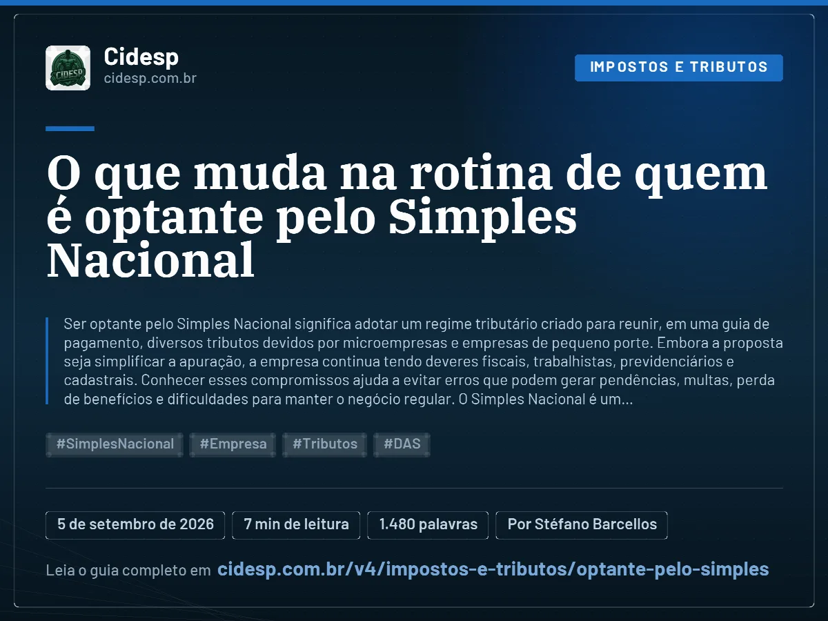 Cartão do artigo “O que muda na rotina de quem é optante pelo Simples Nacional”, com resumo, data de publicação e endereço da página.