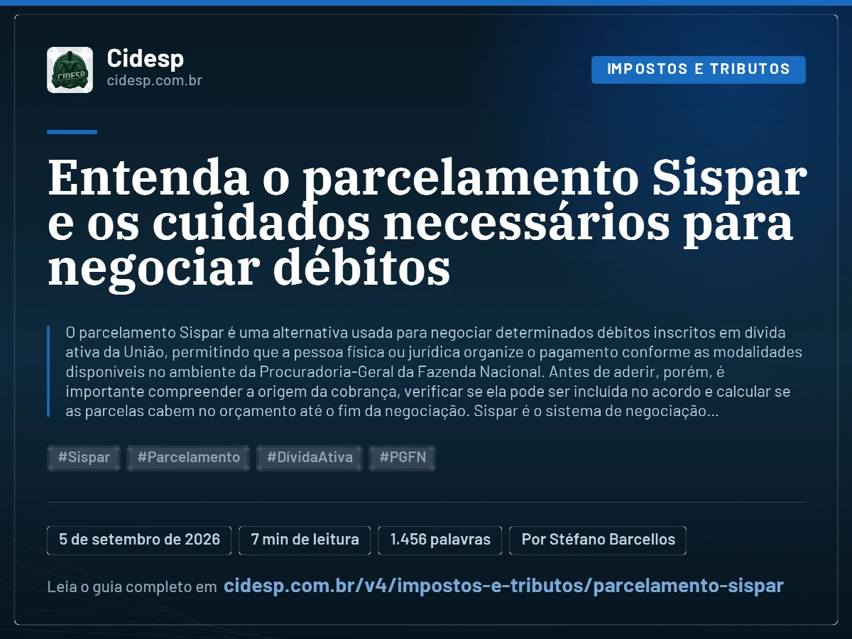 Cartão do artigo “Entenda o parcelamento Sispar e os cuidados necessários para negociar débitos”, com resumo, data de publicação e endereço da página.