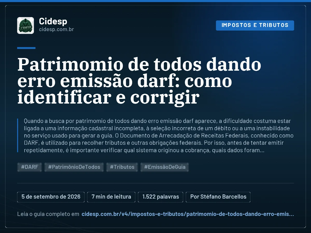 Cartão do artigo “Patrimomio de todos dando erro emissão darf: como identificar e corrigir”, com resumo, data de publicação e endereço da página.