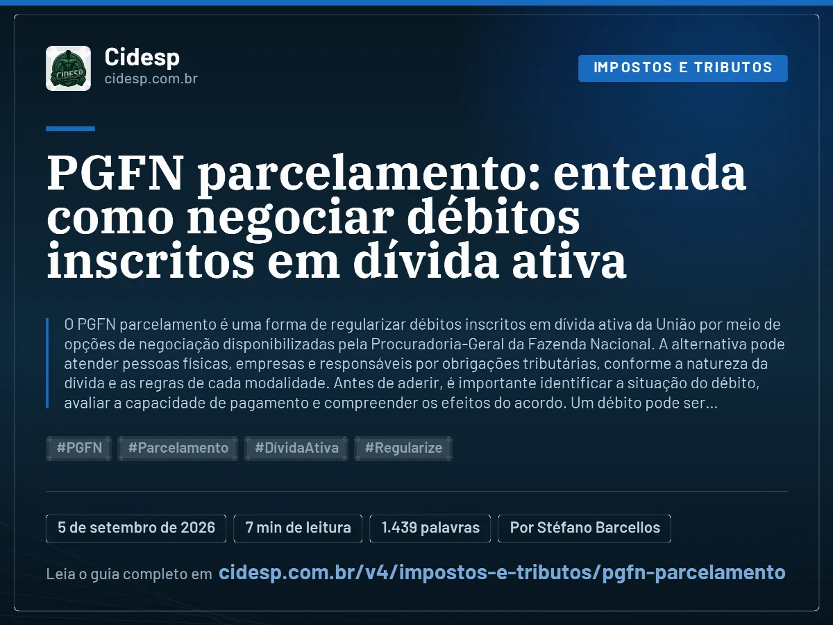 Cartão do artigo “PGFN parcelamento: entenda como negociar débitos inscritos em dívida ativa”, com resumo, data de publicação e endereço da página.