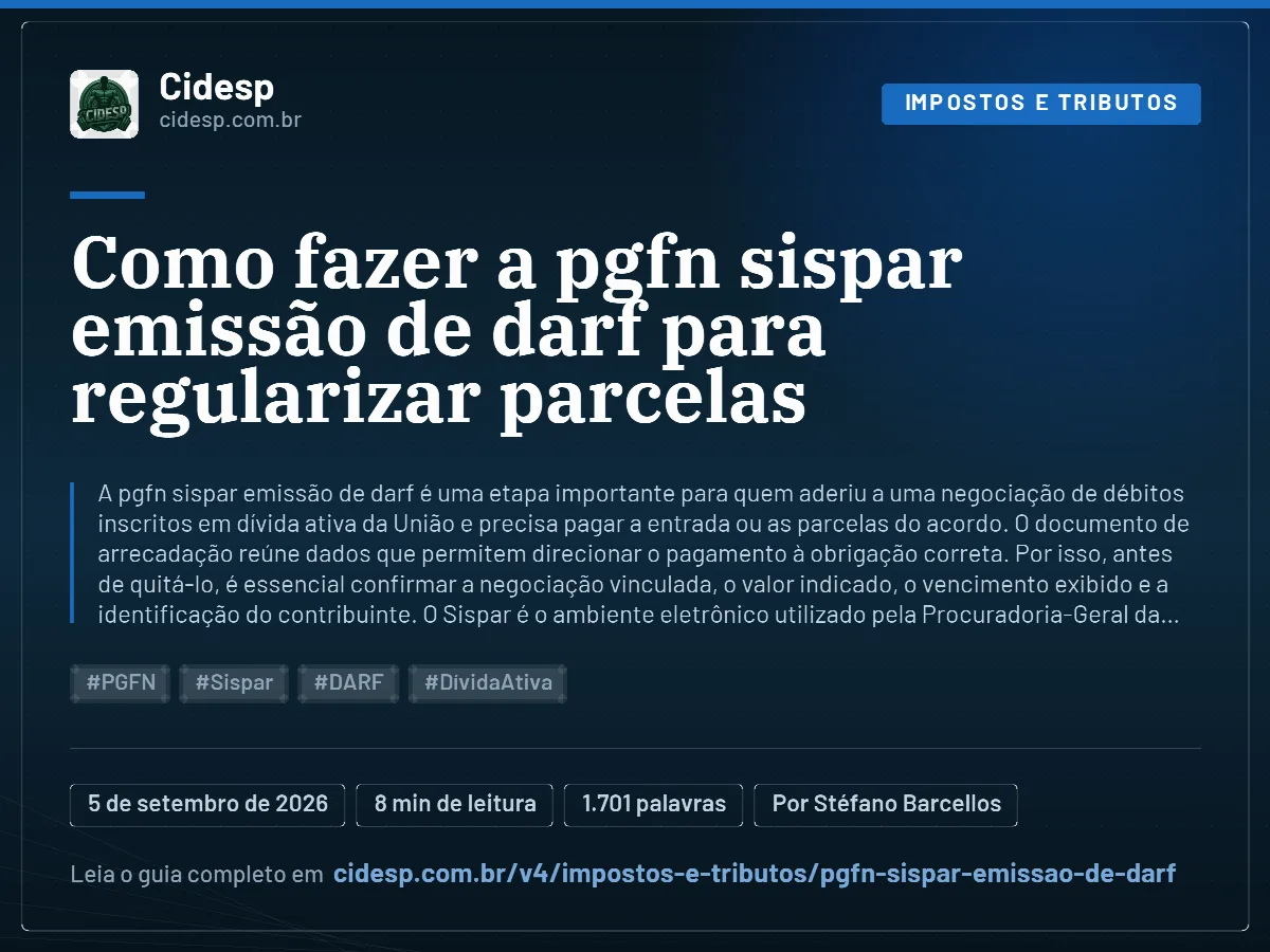Cartão do artigo “Como fazer a pgfn sispar emissão de darf para regularizar parcelas”, com resumo, data de publicação e endereço da página.