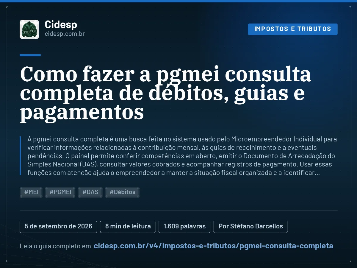 Cartão do artigo “Como fazer a pgmei consulta completa de débitos, guias e pagamentos”, com resumo, data de publicação e endereço da página.