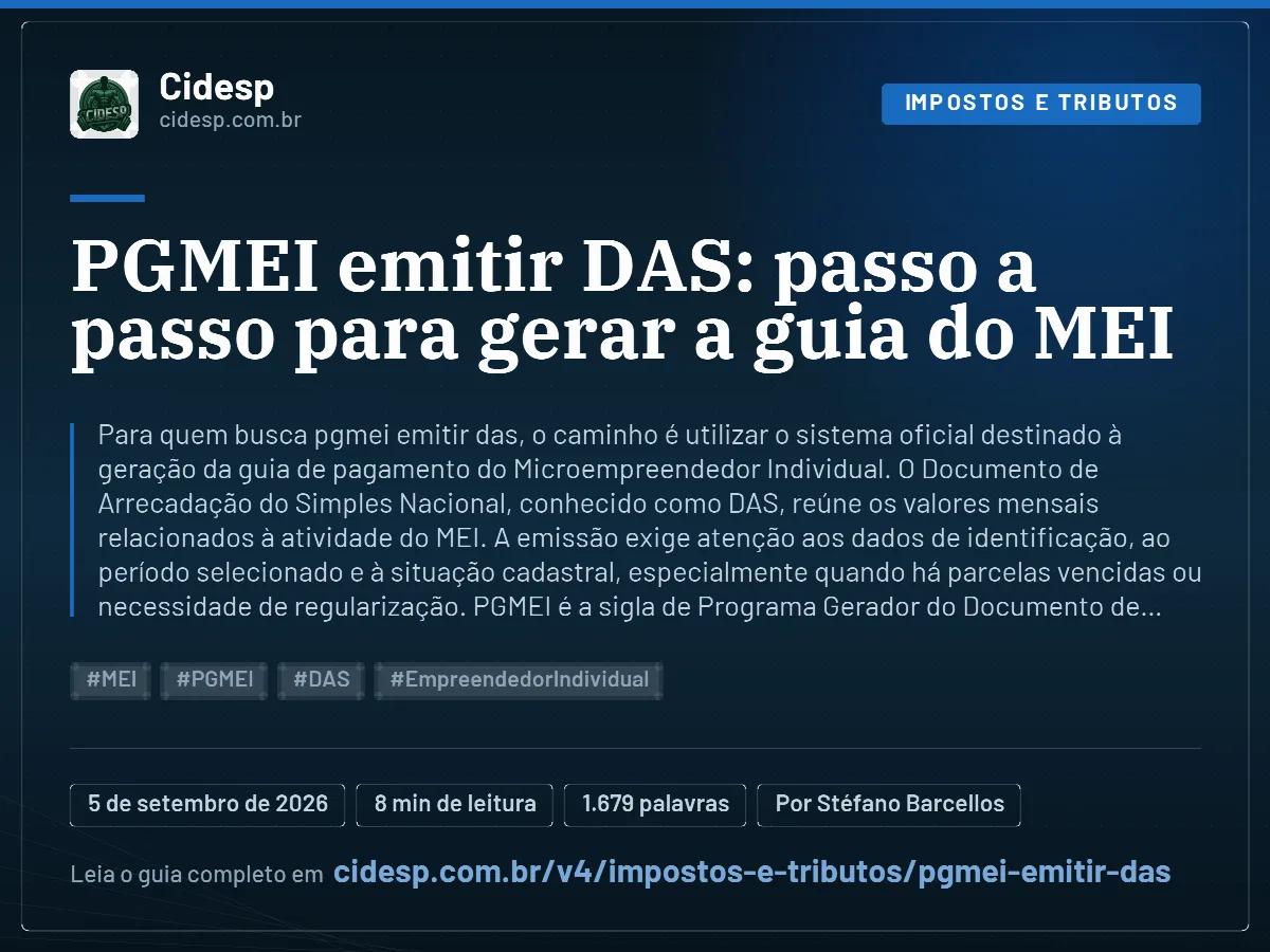 Cartão do artigo “PGMEI emitir DAS: passo a passo para gerar a guia do MEI”, com resumo, data de publicação e endereço da página.