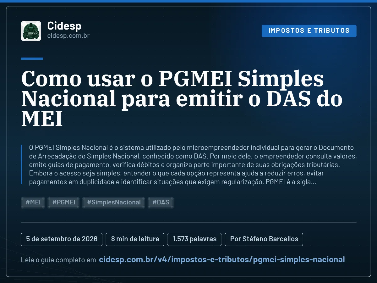 Cartão do artigo “Como usar o PGMEI Simples Nacional para emitir o DAS do MEI”, com resumo, data de publicação e endereço da página.