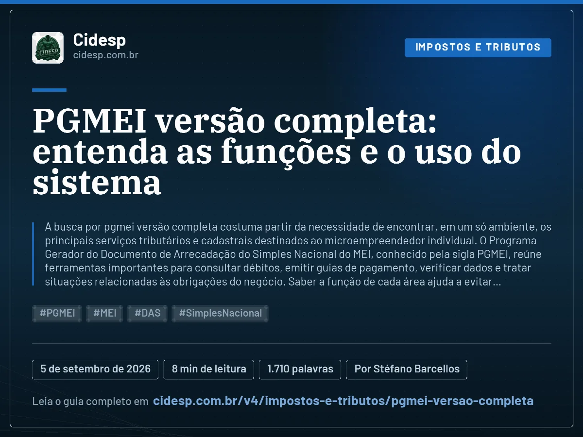 Cartão do artigo “PGMEI versão completa: entenda as funções e o uso do sistema”, com resumo, data de publicação e endereço da página.
