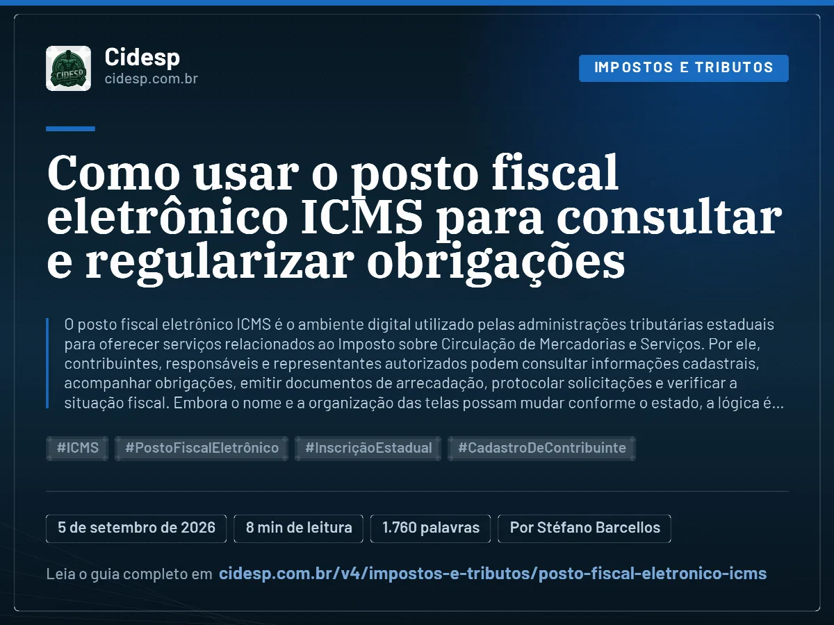 Cartão do artigo “Como usar o posto fiscal eletrônico ICMS para consultar e regularizar obrigações”, com resumo, data de publicação e endereço da página.