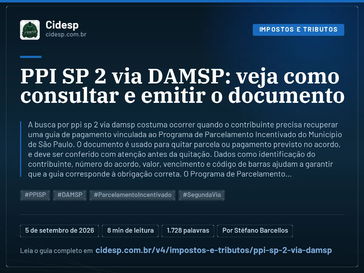 Cartão do artigo “PPI SP 2 via DAMSP: veja como consultar e emitir o documento”, com resumo, data de publicação e endereço da página.
