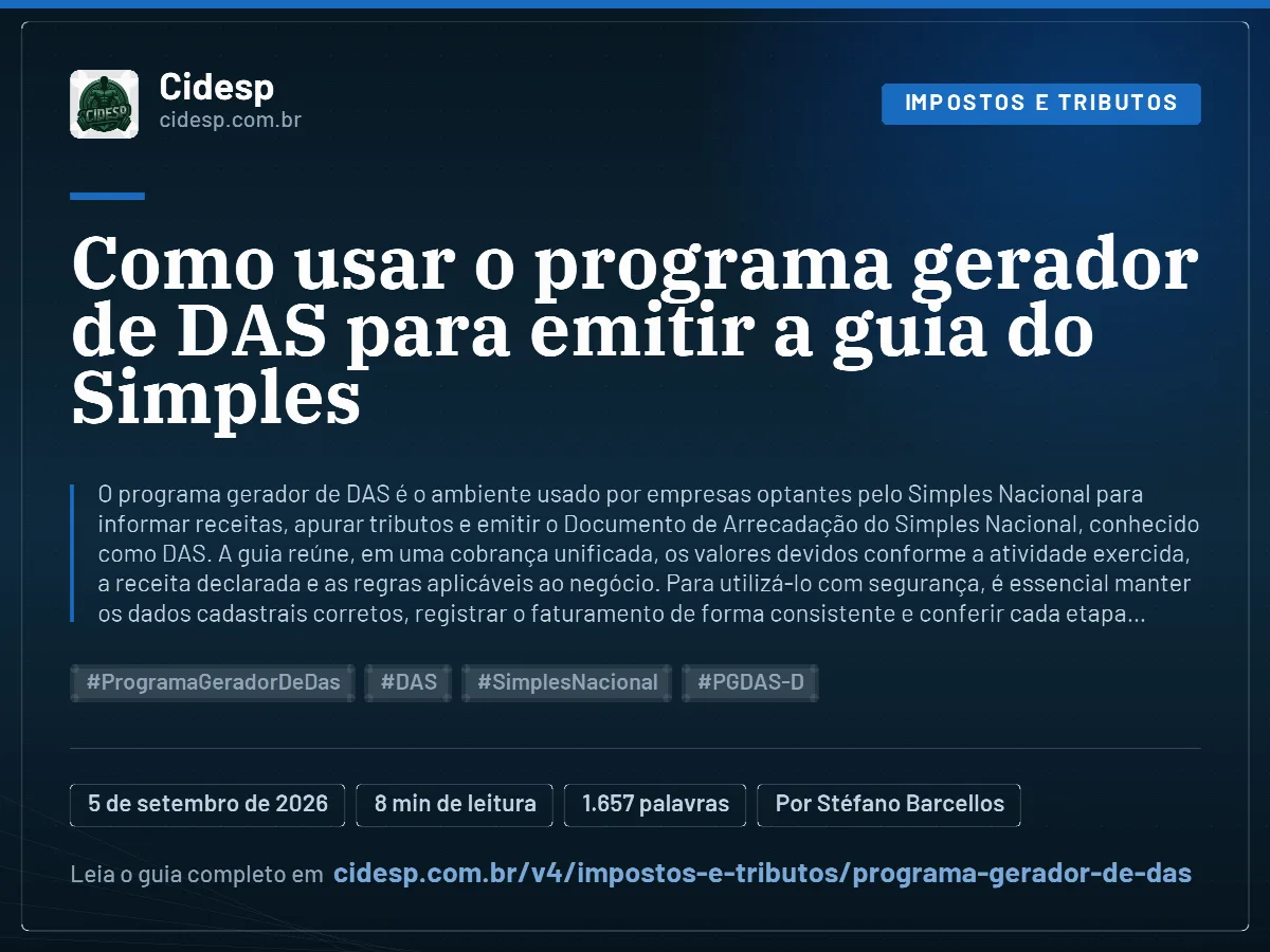Cartão do artigo “Como usar o programa gerador de DAS para emitir a guia do Simples”, com resumo, data de publicação e endereço da página.