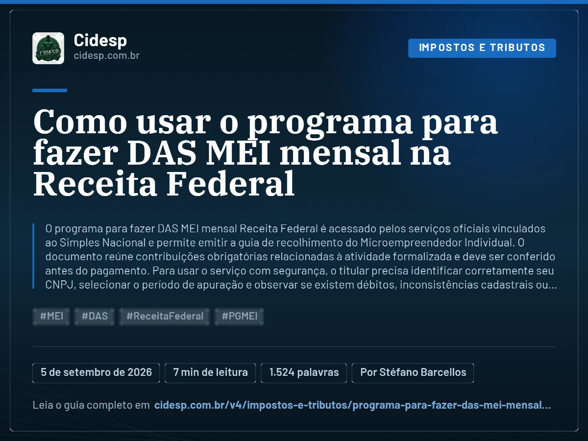 Cartão do artigo “Como usar o programa para fazer DAS MEI mensal na Receita Federal”, com resumo, data de publicação e endereço da página.