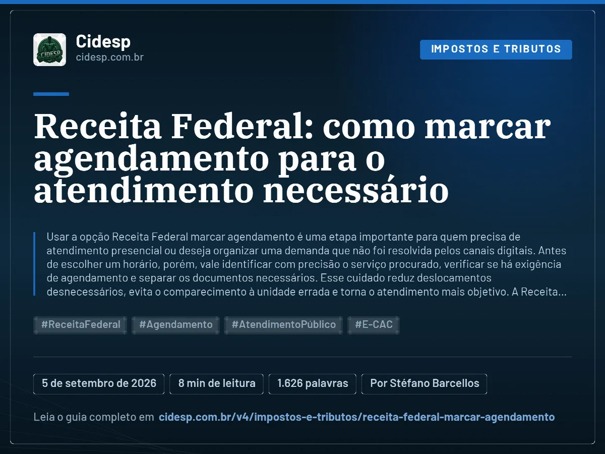 Cartão do artigo “Receita Federal: como marcar agendamento para o atendimento necessário”, com resumo, data de publicação e endereço da página.