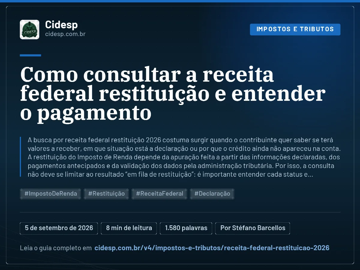 Cartão do artigo “Como consultar a receita federal restituição e entender o pagamento”, com resumo, data de publicação e endereço da página.