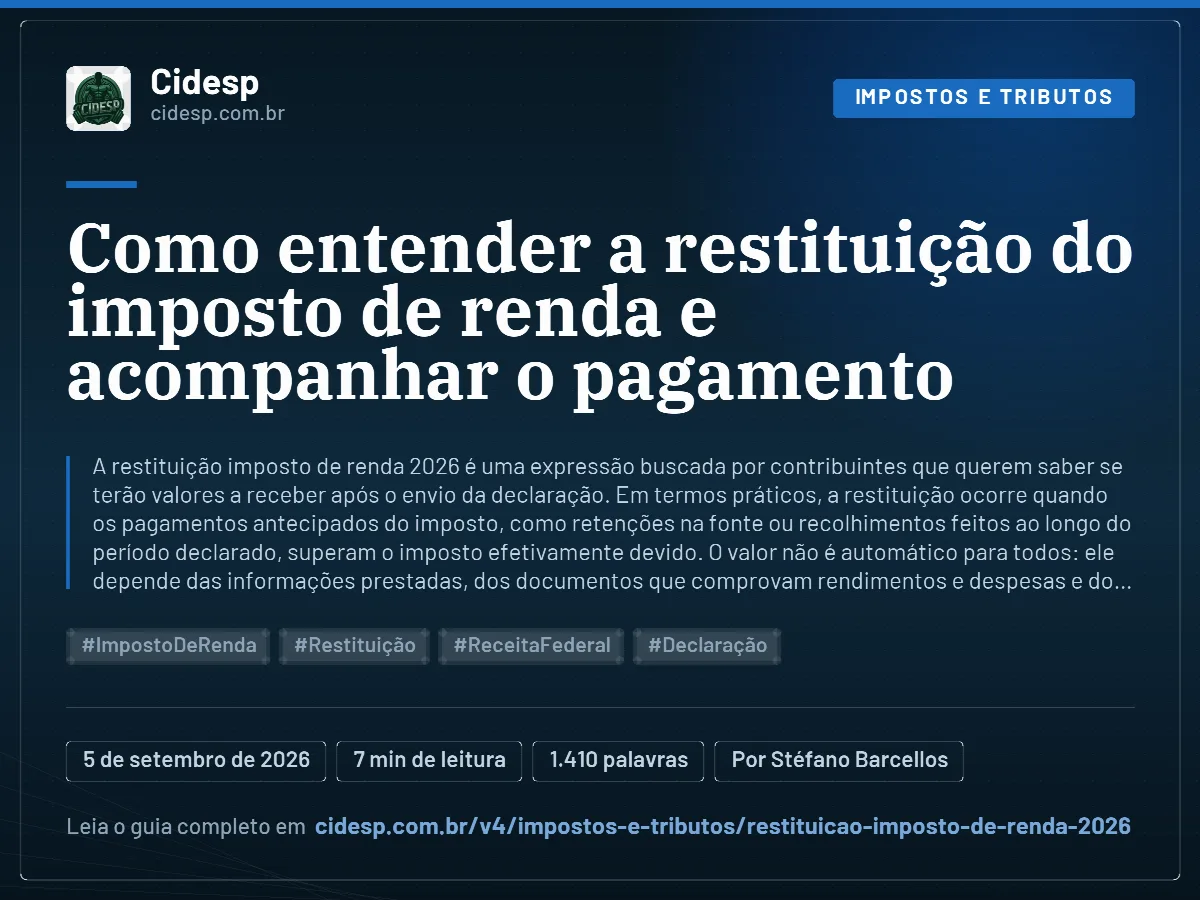 Cartão do artigo “Como entender a restituição do imposto de renda e acompanhar o pagamento”, com resumo, data de publicação e endereço da página.