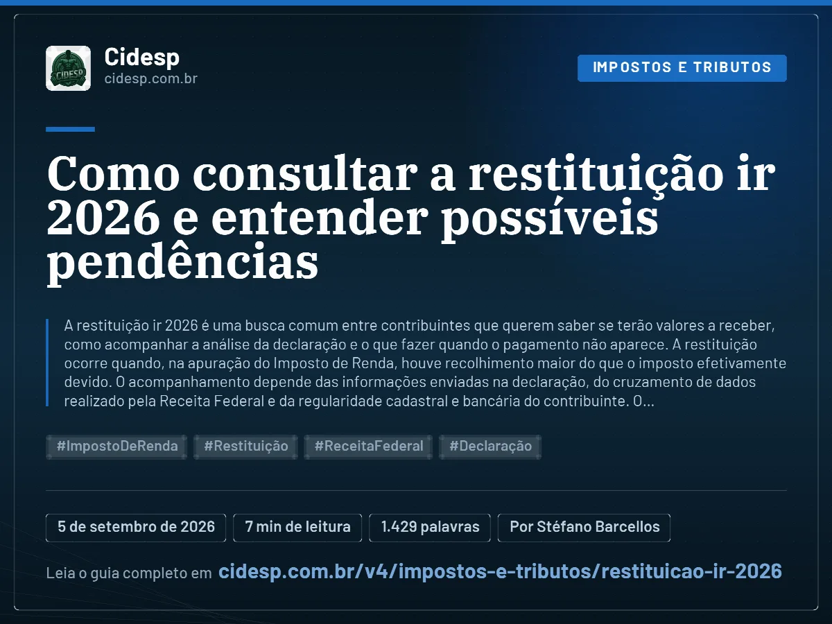Cartão do artigo “Como consultar a restituição ir 2026 e entender possíveis pendências”, com resumo, data de publicação e endereço da página.