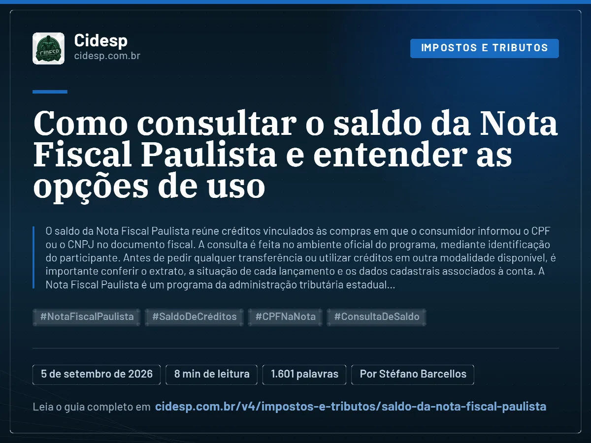 Cartão do artigo “Como consultar o saldo da Nota Fiscal Paulista e entender as opções de uso”, com resumo, data de publicação e endereço da página.