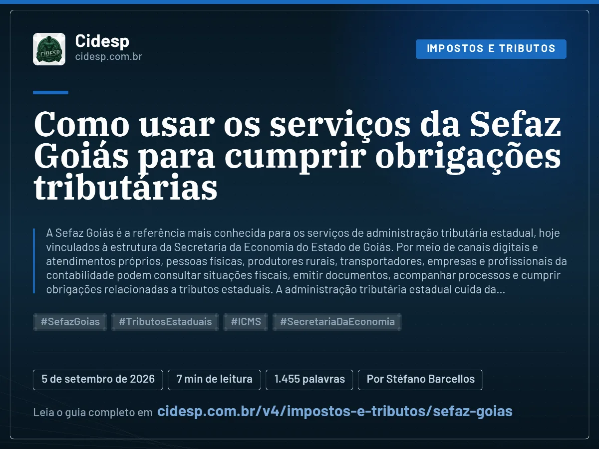 Cartão do artigo “Como usar os serviços da Sefaz Goiás para cumprir obrigações tributárias”, com resumo, data de publicação e endereço da página.