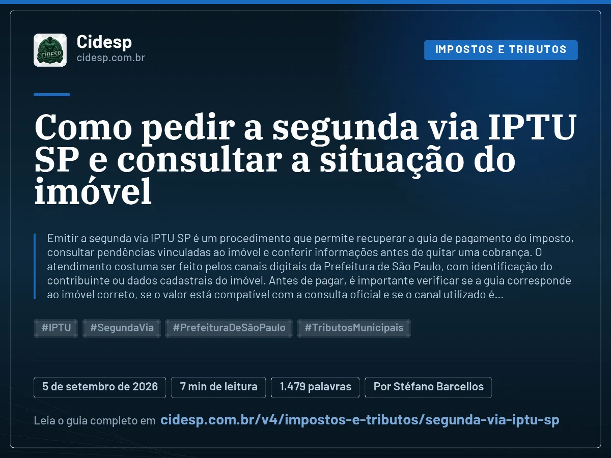Cartão do artigo “Como pedir a segunda via IPTU SP e consultar a situação do imóvel”, com resumo, data de publicação e endereço da página.