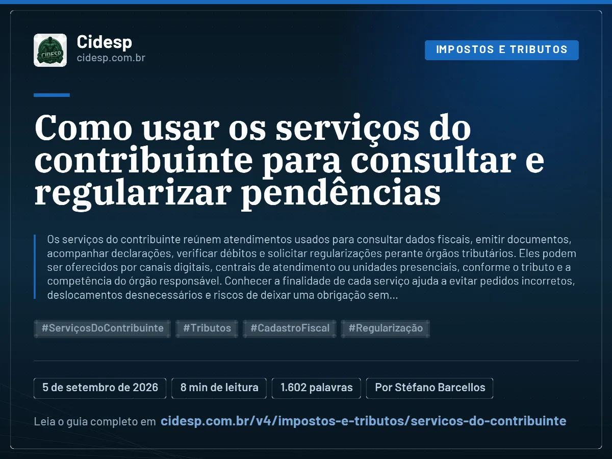 Cartão do artigo “Como usar os serviços do contribuinte para consultar e regularizar pendências”, com resumo, data de publicação e endereço da página.
