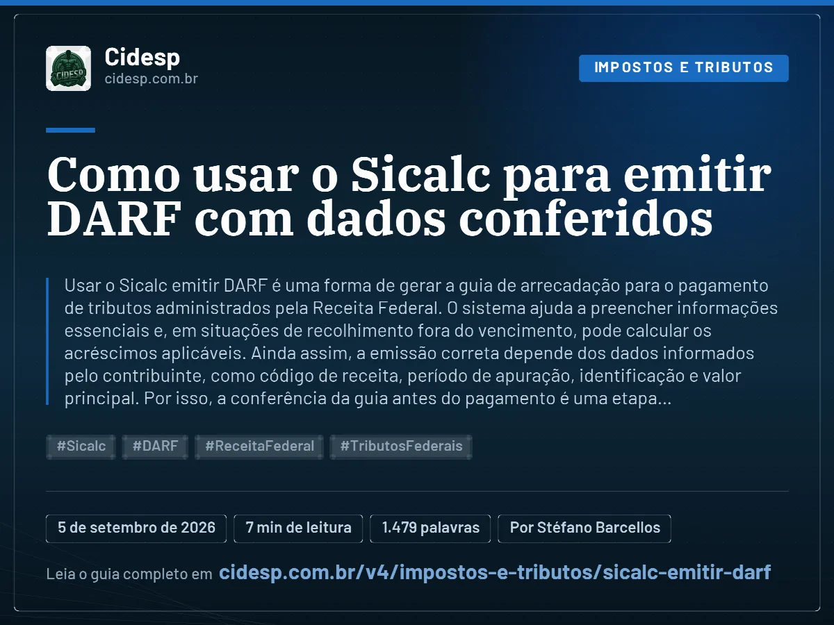 Cartão do artigo “Como usar o Sicalc para emitir DARF com dados conferidos”, com resumo, data de publicação e endereço da página.