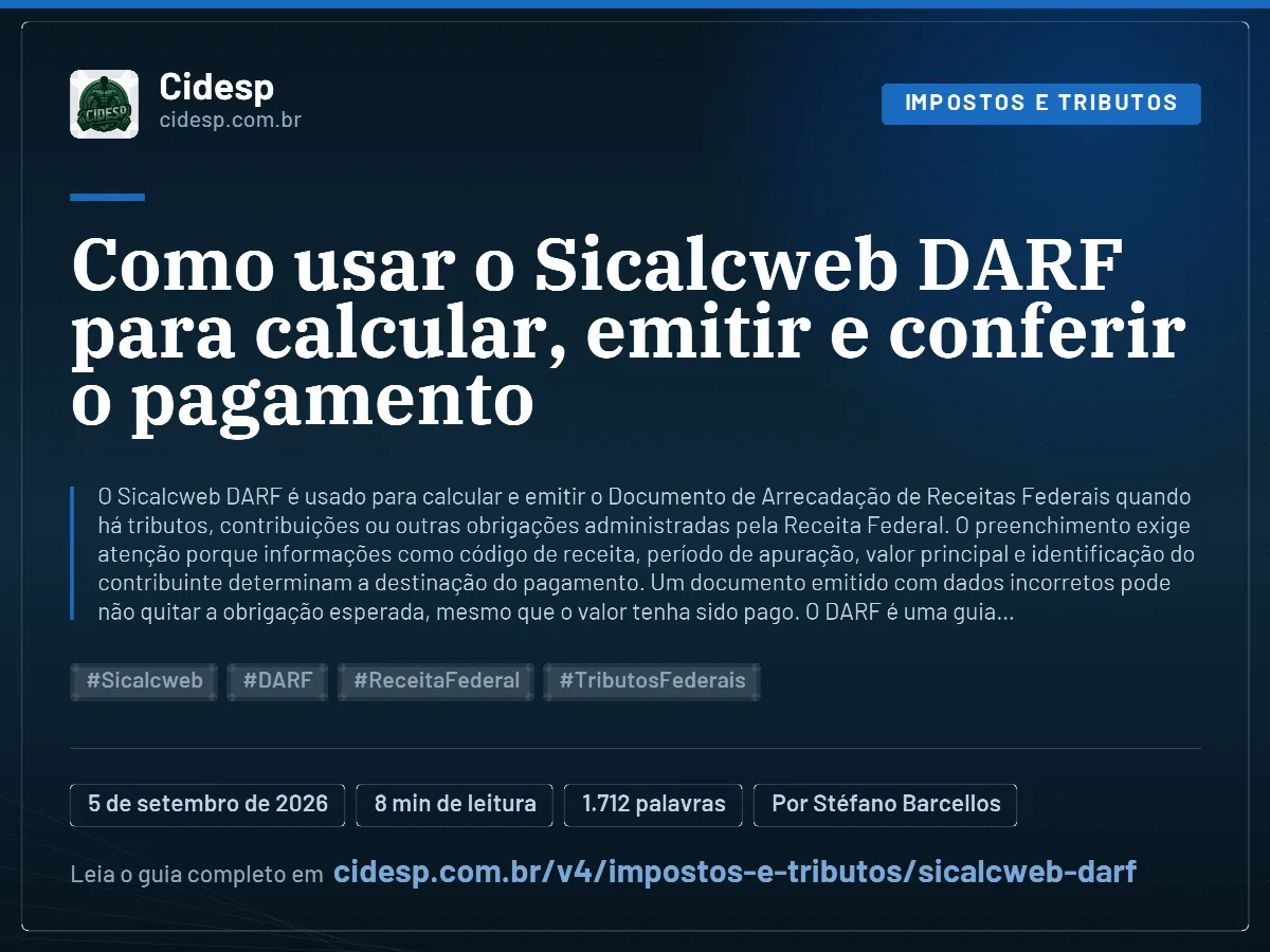Cartão do artigo “Como usar o Sicalcweb DARF para calcular, emitir e conferir o pagamento”, com resumo, data de publicação e endereço da página.